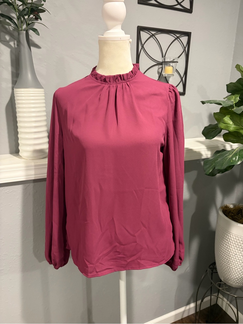 SHEIN Magenta Ruffled Mock Neck Long-Sleeve Blouse